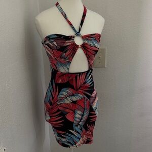 Fashion Nova Red and Blue Leaf Backless Dress